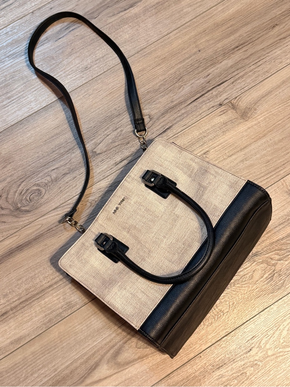 Nine West Beige Canvas and Black Trim Satchel